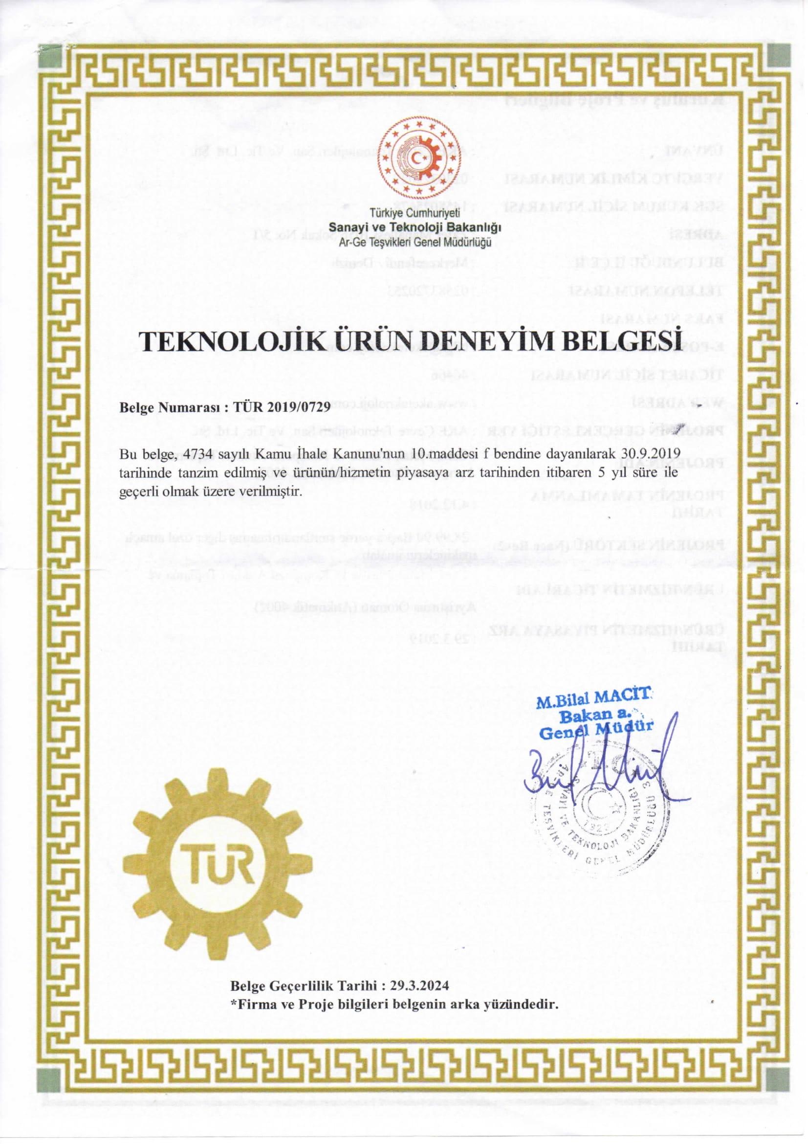 Teknolojik Ürün Deneyim Belgesi